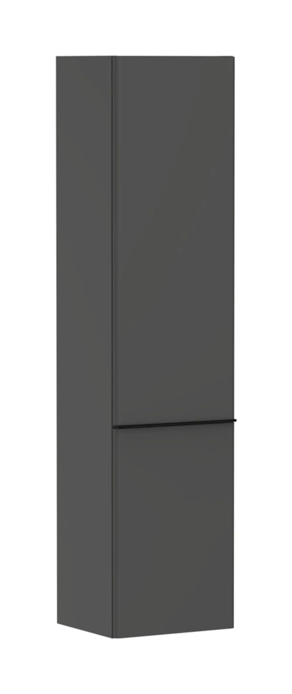 Hochschrank in diamantgrau matt von Hansgrohe, mit zwei verticalen Türen. Türanschlag auf der linken Seite. Schlichte, geradlinige Form ohne sichtbare Griffe.